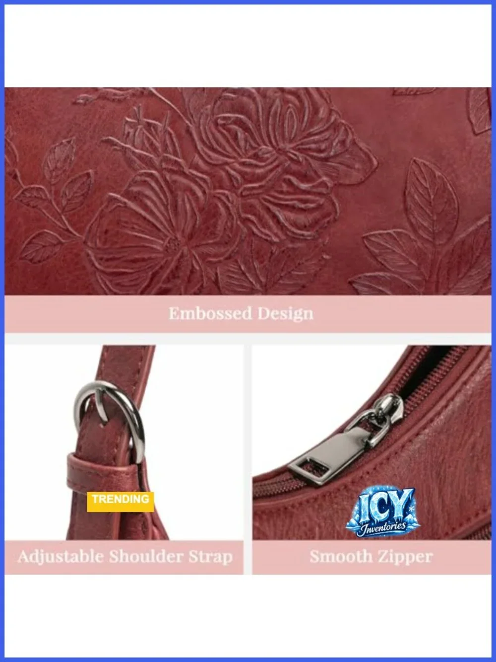 Vegan Leather Floral Embossed Crescent Shoulder Bag Women Hobo Purse